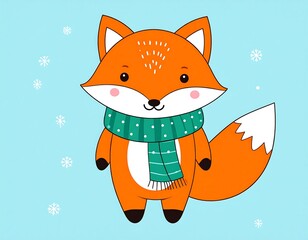 Obraz premium Cartoon fox character wearing a scarf, surrounded by snowflakes