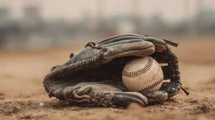 Leather Baseball Glove Resting on Sandy Ground With Ball Inside