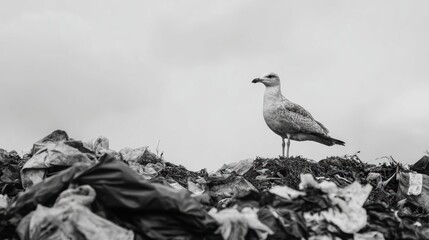 Seagull Standing on Trash Heap in Black and White Landscape