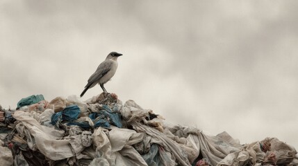 Bird Perched on a Pile of Plastic Waste in a Gloomy Environment