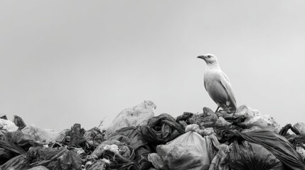 White Bird Standing on Pile of Trash in Black and White Perspective