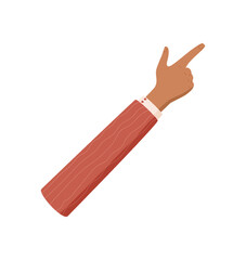 Flat cartoon hand gesture. Black skin tone hand shows number two with raised thumb and index fingers. Arm in red sleeve creates finger pointing sign to count or indicate, isolated vector style graphic