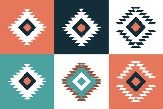 Geometric tribal aztec pattern set with diamond motifs &mdash; ethnic textile design in terracotta teal and navy tones