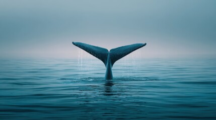 Majestic Whale Tail Rising from Serene Ocean Under Misty Horizon