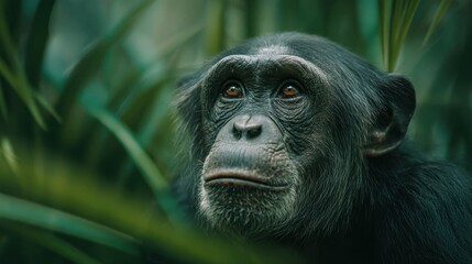 Close-Up of Thoughtful Chimpanzee in Lush Green Environment