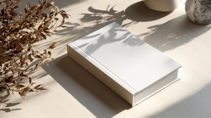 Plain White Book on Table Surrounded by Decorative Plants