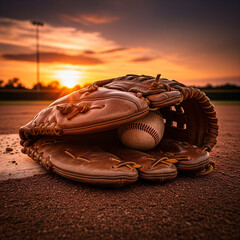 Baseball glove cradling a baseball on a baseball field during sunset.
