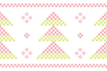 Colorful pastel embroidery,Pine tree seamless pattern.Beautiful Scandinavian woodland folk design.Geometric ornament.Abstract pixel repeated background.Cute illustration for happy holiday,Christmas.