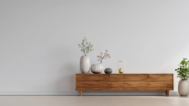 A modern living room featuring a sleek wooden sideboard adorned with decorative vases and plants, set against a minimalist white wall, creating a serene and stylish atmosphere