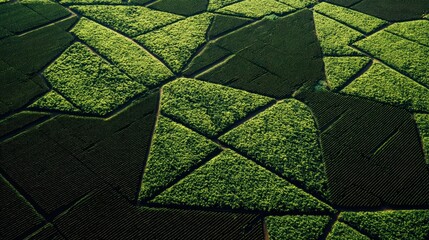 Aerial View of Geometric Green Fields and Patterns in Agriculture