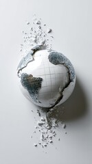 Cracked World Globe with Shattered Pieces on White Surface
