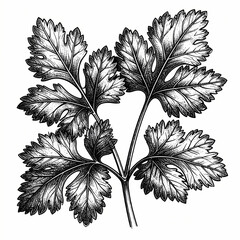Detailed Vintage Engraving Shows A Fresh Coriander Leaves With Hand Drawn Scratchboard Technique