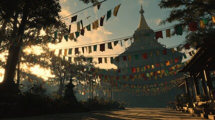 Serene Temple Landscape with Colorful Prayer Flags at Sunset