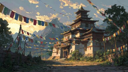 Fototapeta premium Serene Mountain Temple Surrounded by Colorful Prayer Flags at Sunset
