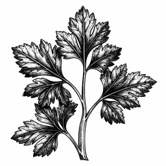 Vintage parsley sprig shows hand-drawn engraving in black ink scratchboard style technique.