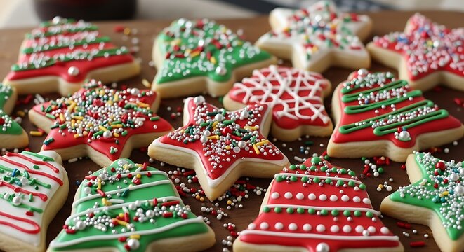 Decorated christmas cookies with icing and sprinkles on a table