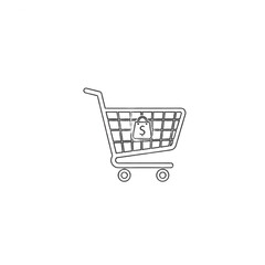 A minimalist line-art icon of a shopping cart with a dollar sign lock, symbolizing secure online payments, financial security, or locked carts in e-commerce.

