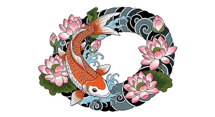 Koi fish with lotus blossoms and japanese water background forming a circular frame