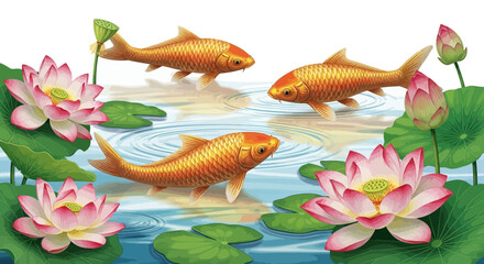 Elegance scene featuring golden koi fish swimming peacefully among blooming lotus flowers