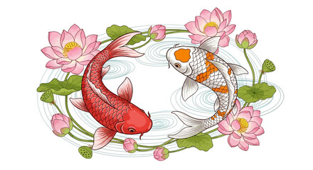 Elegant koi fish illustration with delicate lotus flowers conveying serenity and harmony