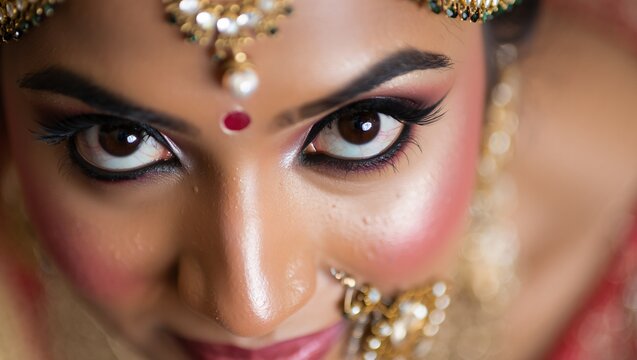 Intense close up of a woman s eyes adorned with traditional indian jewelry and makeup