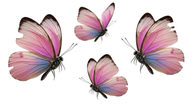 Fluttering Beauty Four Pink Butterflies in Elegant Flight Pastel Wings Delicate Insects Nature on transparent background