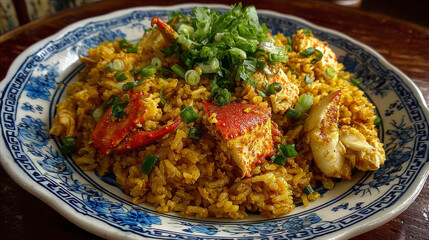 A plate of flavorful crab fried rice garnished with green onions and red chili, served on a traditional blue-patterned dish.