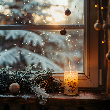 Cozy Christmas Candle by Snowy Window &ndash; Warm Winter Holiday Home Scene with Festive Decor