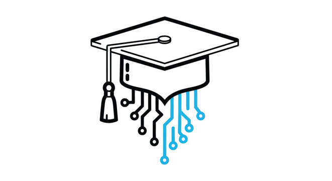 Graduation cap icon integrated with electronic circuit board, symbolizing digital education and technological advancement