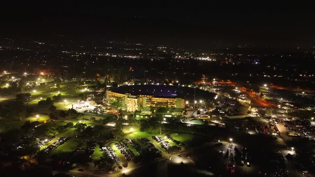 Aerial night view of Rose Bowl Stadium in Pasadena during live event