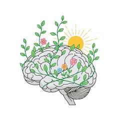 Illustration of human brain with growing plants and flowers symbolizing growth and knowledge