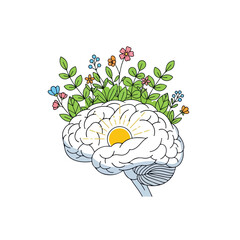 Creative brain growth with blooming flowers and sunshine conceptual illustration