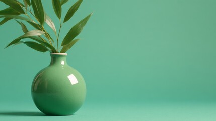 Green Harmony, an abstract still life featuring a minimalist arrangement in soothing green hues, emphasizing simplicity and tranquility in a spacious setting.