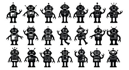 Naklejka premium Group of 21 cartoon robot characters in various poses and styles