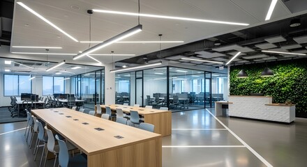 Modern office interior featuring open workspaces, long tables, and a green wall.