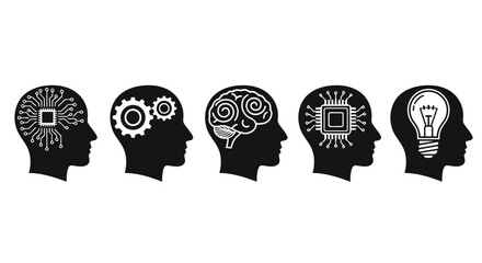 Silhouettes of five human heads showing different stages of thought and technology