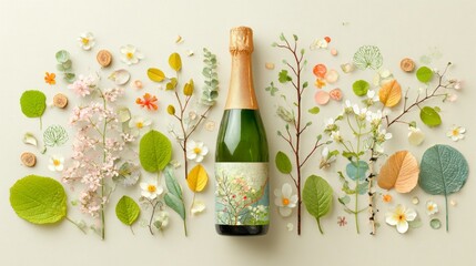 Champagne bottle adorned with flowers and leaves, minimalist art direction evokes spring and celebration, isolated composition, clean backdrop, inviting ambiance.