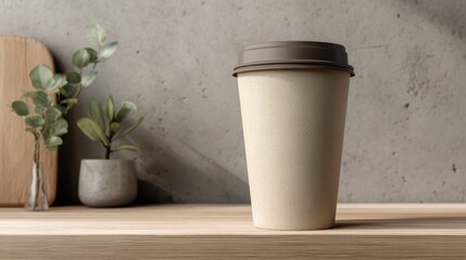 Minimalist Coffee Cup on Wooden Surface with Natural Elements