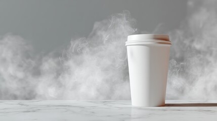 Hot Beverage Cup with Steam on Marble Surface with Smoky Background