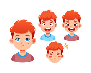 cute kid with many gesture expression set. Cartoon character. Handsome boy. Vector illustration.Range of different emotions.Portraits of emotional people