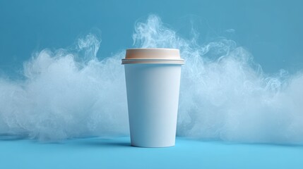 White Coffee Cup Surrounded by Vapor on Blue Background