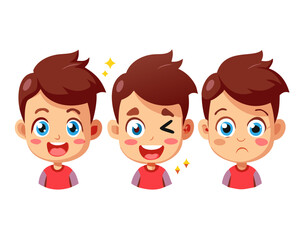 cute kid with many gesture expression set. Cartoon character. Handsome boy. Vector illustration.Range of different emotions.Portraits of emotional people