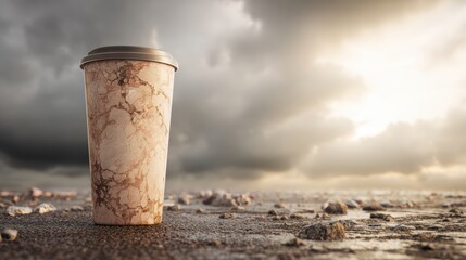 Coffee Cup on Shoreline with Dramatic Cloudy Sky at Sunset