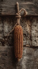 Dried Corn Hanging from Rustic Wood Wall with Natural Textures