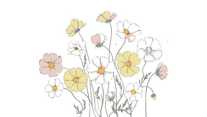 Delicate pastel wildflower illustration with yellow and pink blossoms in minimal botanical line art style for nature decor and stationery design