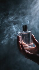 Elegant Perfume Bottle in Hand with Soft Smoke Background