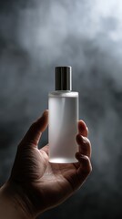 Elegant Hand Holding Frosted Glass Bottle with Metal Cap