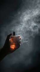 Hand Holding Perfume Bottle with Smoke on Dark Background
