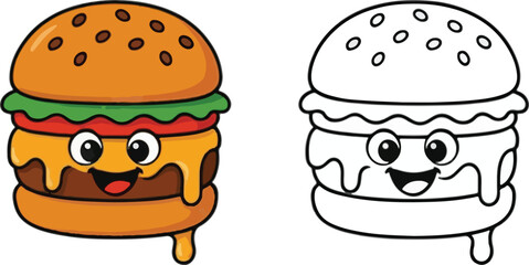 Cute Hamburger Cartoon Character Illustration and Black and White Outline Drawing Set for Coloring Page