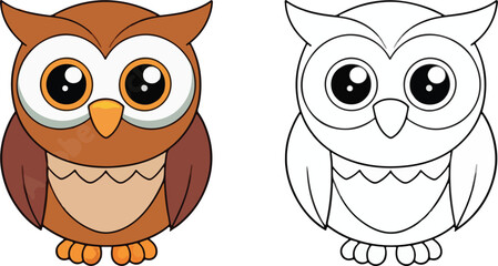 Adorable cartoon owl mascot illustration with coloring book page line art isolated on white background